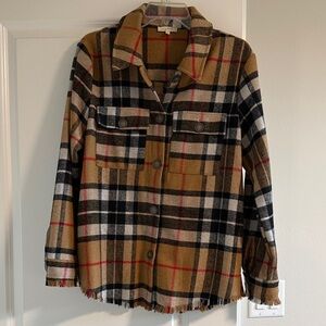 Mystree Plaid Utility Shacket in Camel, Black & Cream